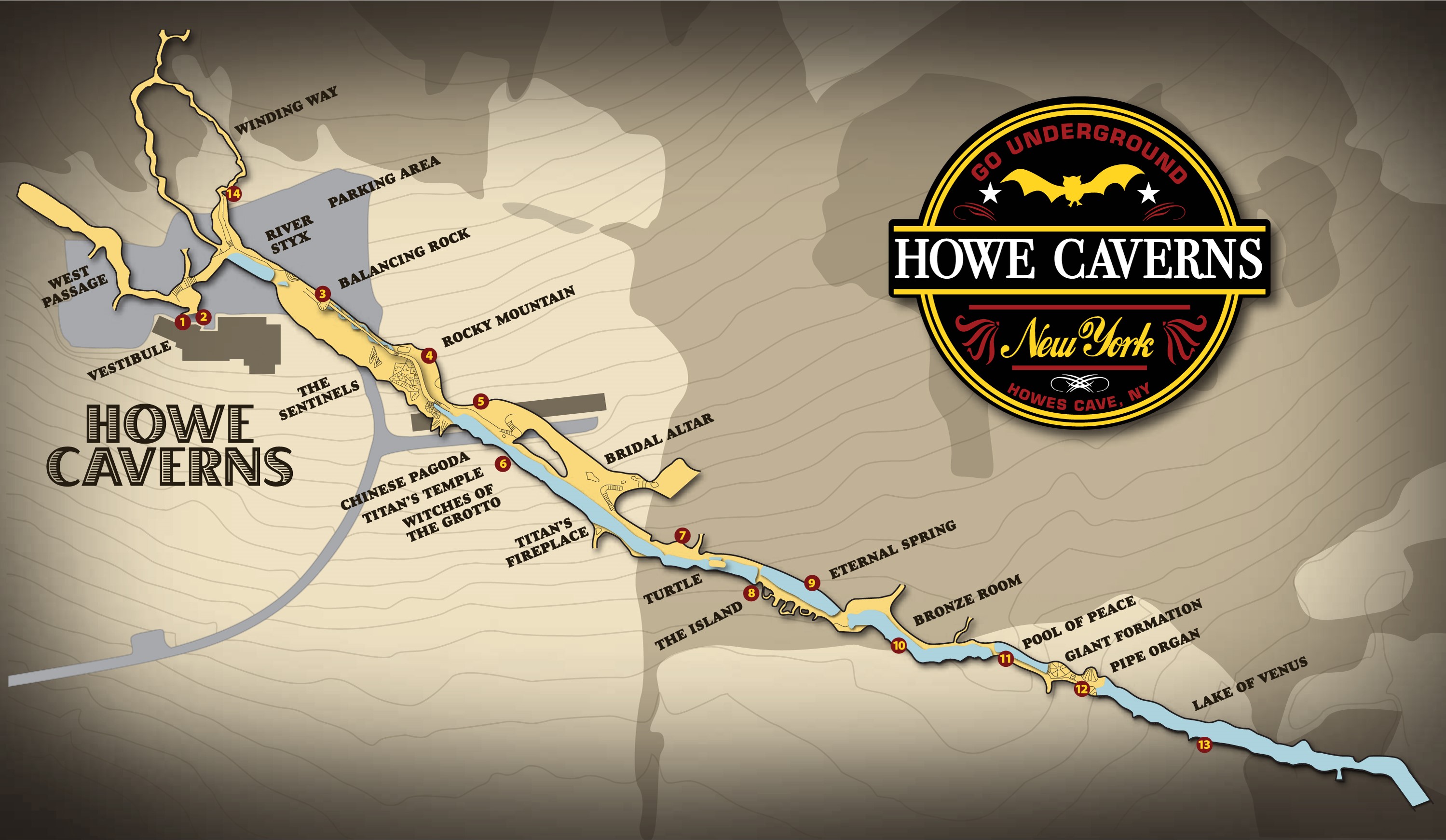 Illustrated map of Howe Caverns showing the tour route from the Vestibule past River Styx, Balancing Rock, Rocky Mountain, the Bridal Altar, Titan's Temple, the Eternal Spring, the Bronze Room, the Pool of Peace, the Giant Formation, and the Pipe Organ to the Lake of Venus